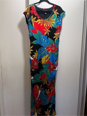 Colleen Lopez Black Tropical Floral Maxi Dress with Red, Blue & Gold